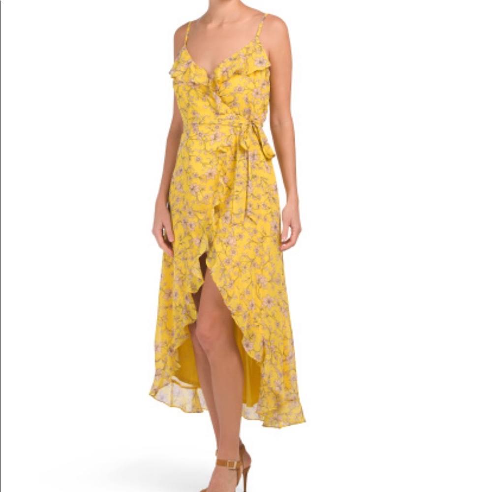 Yellow floral wrap midi dress